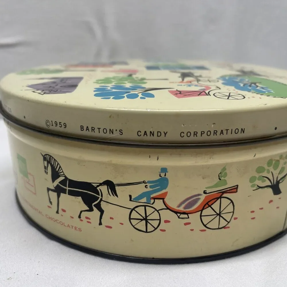 Vintage 1959 BARTON’S Bonbonniere Mid Century Modern Round Candy Tin Colorful EC